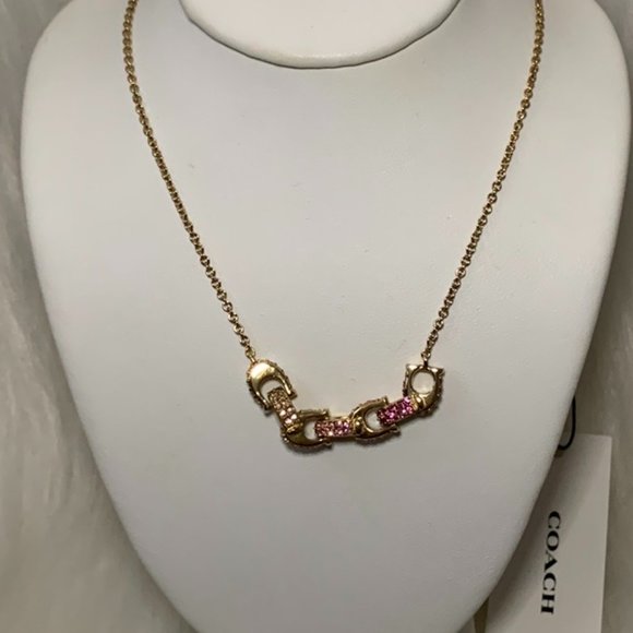COACH Pave Signature Linked Necklace in Pink/Gold - Picture 1 of 3